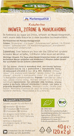 Herbatka ziołowa imbir, cytryna i manuka (20x2g) dmBio