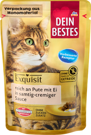Nedves eledel felnőtt macskáknak Exquisit, pulykával és tojással krémes szószban Dein Bestes