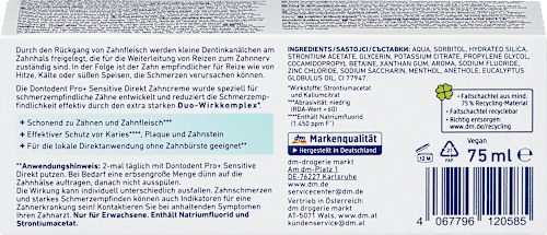 Fogkrém PRO+ Sensitive Direkt, érzékeny fogakra Dontodent PRO+