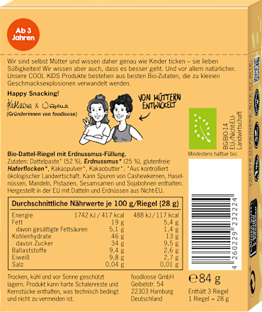 Kindersnack Nusscreme-Riegel Erdnuss, ab 3 Jahren (3x28 g) foodloose