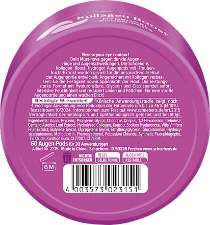 Augenpads Hydrogel Kollagen Boost Tiegel (30 Paar) Schaebens