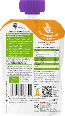 Quetschie Banane, Apfel, Himbeere, Blaubeere mit Hafer ab 6 Monaten  Freche Freunde