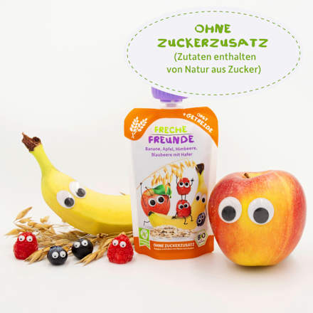 Quetschie Banane, Apfel, Himbeere, Blaubeere mit Hafer ab 6 Monaten  Freche Freunde