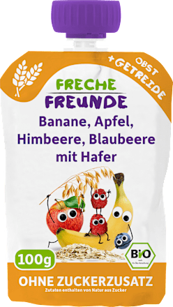 Quetschie Banane, Apfel, Himbeere, Blaubeere mit Hafer ab 6 Monaten  Freche Freunde