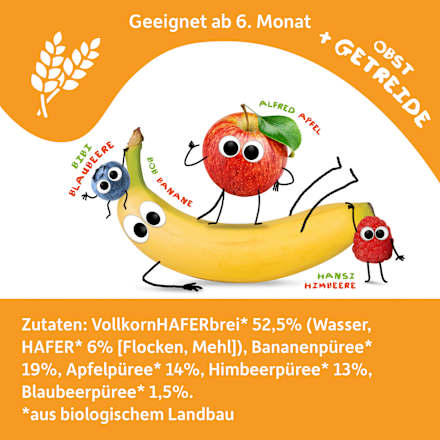 Quetschie Banane, Apfel, Himbeere, Blaubeere mit Hafer ab 6 Monaten  Freche Freunde