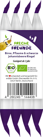 Fruchtriegel mit Getreide Birne, Pflaume & schwarze Johannisbeere ab 1 Jahr, (4x23 g) Freche Freunde