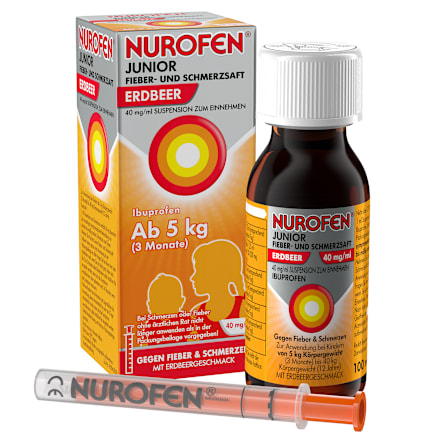 Nurofen Junior Fieber- und Schmerzsaft, Wirkstoff: Ibuprofen 40 mg/ml Suspension zum Einnehmen, Erdbeergeschmack NUROFEN
