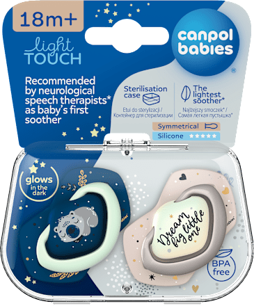 Smoczek silikonowy, symetryczny Light Touch 18m+ Sleepy Koala, niebieski Canpol babies