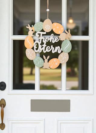 Holzkranz "Frohe Ostern" mit Eier & Hasen, natur-apricot-grün-weiß Dekorieren & Einrichten