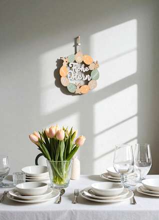 Holzkranz "Frohe Ostern" mit Eier & Hasen, natur-apricot-grün-weiß Dekorieren & Einrichten