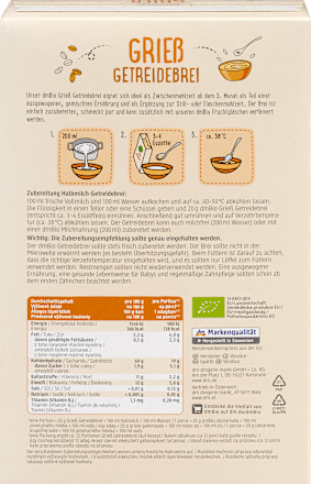 Bio grízes gabonapép, teljes kiőrlésű bio búzadarából, 5. hónapos kortól dmBio