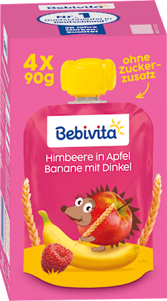 Quetschie Himbeere Banane in Apfel mit Dinkel, ab 1 Jahr (4x90 g) Bebivita