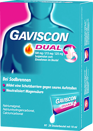 Gaviscon Dual 500 mg / 213 mg / 325 mg Natriumalginat, Natriumhydrogencarbonat und Calciumcarbonat, Suspension zum Einnehmen im Beutel 24 á 10ml GAVISCON