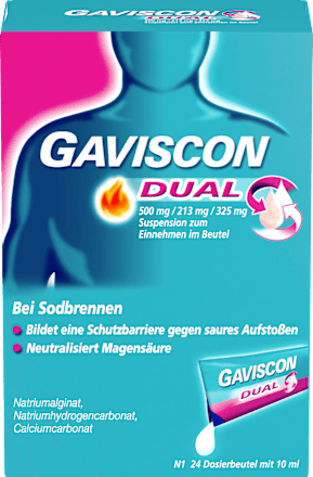 Gaviscon Dual 500 mg / 213 mg / 325 mg Natriumalginat, Natriumhydrogencarbonat und Calciumcarbonat, Suspension zum Einnehmen im Beutel 24 á 10ml GAVISCON