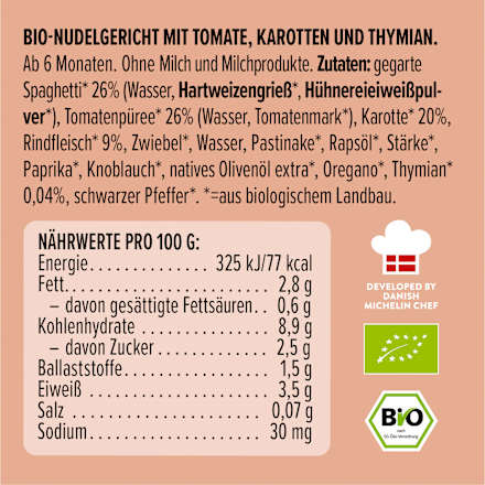 Menü Pasta Bolognese mit Tomaten, Karotten, Thymian, ab 6 Monaten LoveMade Organics