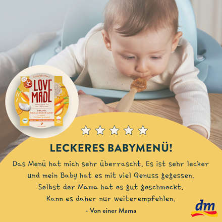 Menü Curry Reisgericht Karotte, Hähnchen, Kokos, Ingwer, ab 6 Monaten LoveMade Organics