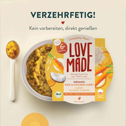 Menü Curry Reisgericht Karotte, Hähnchen, Kokos, Ingwer, ab 6 Monaten LoveMade Organics