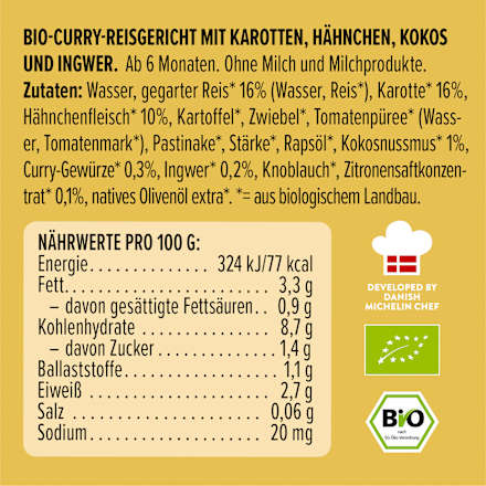 Menü Curry Reisgericht Karotte, Hähnchen, Kokos, Ingwer, ab 6 Monaten LoveMade Organics