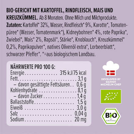 Menü Tex Mex mit Kartoffeln, Rindfleisch, Mais, Kreuzkümmel, ab 8 Monaten LoveMade Organics