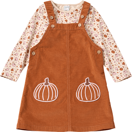 Set mit Langarmshirt mit Kürbis-Muster & Cord-Latzkleid, braun + rosa, Gr. 98 ALANA