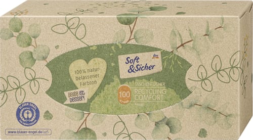 Носни кърпички, рециклирани в кутия, 4 слоя, различни цветове/мотиви Soft&Sicher