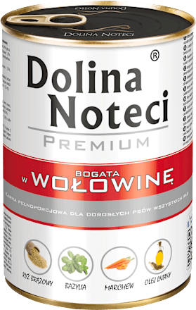 Mokra karma dla dorosłych psów wszystkich ras bogata w wołowinę Dolina Noteci Premium