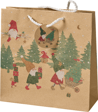 Geschenktasche, Schubkarre/Zweig/Wichtel, veredelt NK, midi, quadratisch Profissimo