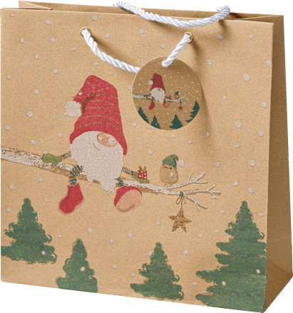 Geschenktasche, Schubkarre/Zweig/Wichtel, veredelt NK, midi, quadratisch Profissimo