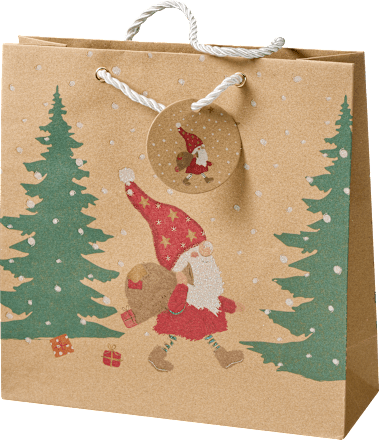 Geschenktasche, Schubkarre/Zweig/Wichtel, veredelt NK, midi, quadratisch Profissimo