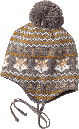 Mütze aus Strick mit Fuchs-Muster, grau & gelb, Gr. 50/51 PUSBLU