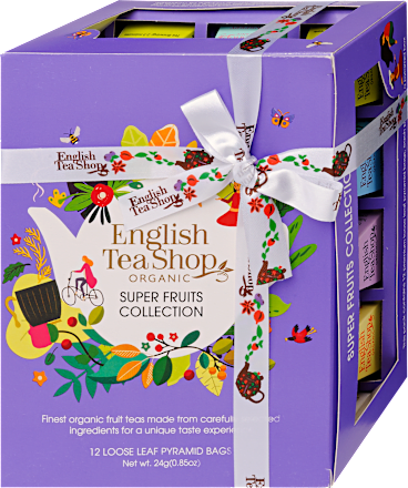 Díszdobozos teaválogatás, Gyümölcsös selyempiramis filteres bio teaválogatás, 4x3 db filter English Tea Shop