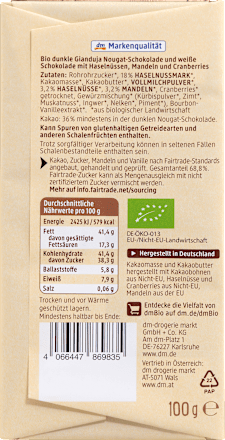 Ciocolată neagră nougat și ciocolată albă cu alune de pădure dmBio