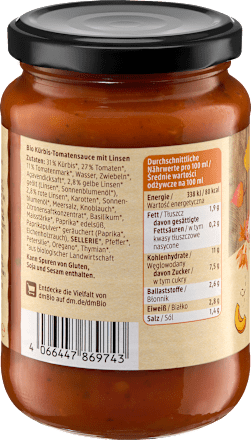 Tomatensoße, Bolognese mit Linsen & Kürbis, vegan dmBio