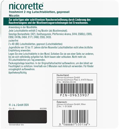 nicorette freshmint 2 mg Nicotin  Lutschtabletten, gepresst Nikotin, (2 x 40St) nicorette