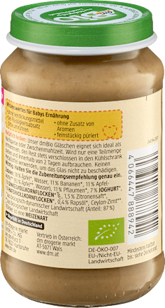 Dječja kašica od voća, jogurta i integralnih žitnih pahuljica s cejlonskim cimetom, 8+ mj. dmBio