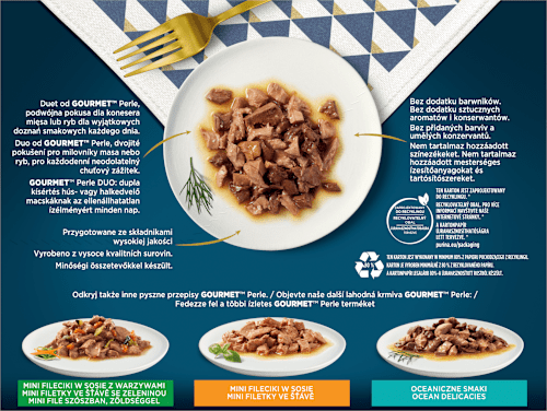 Perle kapsičky pro kočky losos a treska, mořské ryby a tuňák, losos a ryby, sardinky a tuňák ve šťávě 12x85g PURINA GOURMET