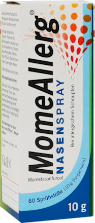 MomeAllerg 50 Mikrogramm/Sprühstoß Nasenspray, Suspension  Zur Anwendung bei Erwachsenen  Mometasonfuroat (Ph.Eur.)  MomeAllerg