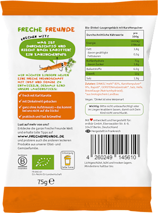 Kindersnack Freche Laugensticks mit Karotte und Dinkel ab 3 Jahren Freche Freunde