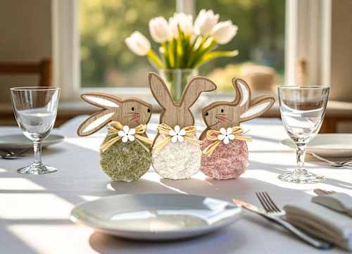 Holzaufsteller, Hasentrio mit Stoff & Blümchen, rosa-natur-weiß-grün Dekorieren & Einrichten