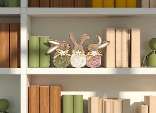 Holzaufsteller, Hasentrio mit Stoff & Blümchen, rosa-natur-weiß-grün Dekorieren & Einrichten
