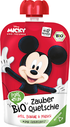 Eko voćni pire Micky – jabuka, breskva i banana, 12+ mj. PURE & FUN