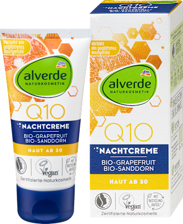 Q10 éjszakai arckrém bio grapefruittal és bio homoktövissel, 30 év feletti bőrre alverde NATURKOSMETIK