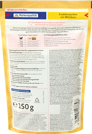 Töltött jutalomfalatok felnőtt macskáknak szárnyassal, tejes töltelékkel Dein Bestes