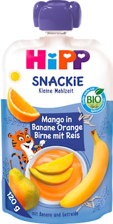 EKO Snackie Sport kašica – banana, naranča, kruška i mango s rižom, 1+ g. HiPP