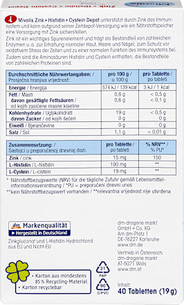 Tabletten Zink + Histidin + Cystein Depot Mivolis