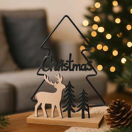 Metallaufsteller "Christmas", Baum mit Holzhirsch, schwarz-natur Dekorieren & Einrichten