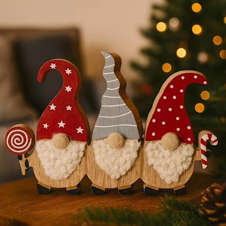 Holzaufsteller, Wichtelreihe mit Wollbart, natur-rot-grau Dekorieren & Einrichten