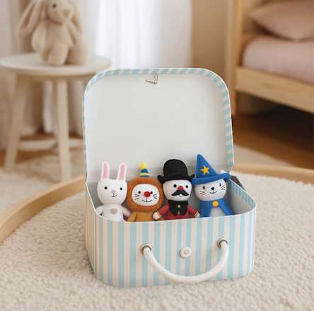 Spielkoffer aus Pappe, gestreift, mint/offwhite (19,7x15x8,5 cm) Cleoleo