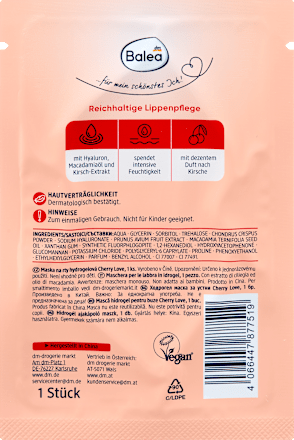 Maschera labbra in idrogel con estratto di ciliegia ed olio di macadamia Balea
