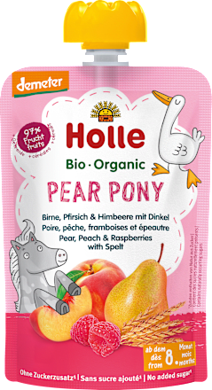 Quetschie Pear Pony Birne, Pfirsich & Himbeere mit Dinkel ab dem 8. Monat Holle